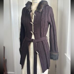 It's Our Time Dark Brown Knit Cardigan with Faux Fur Trim